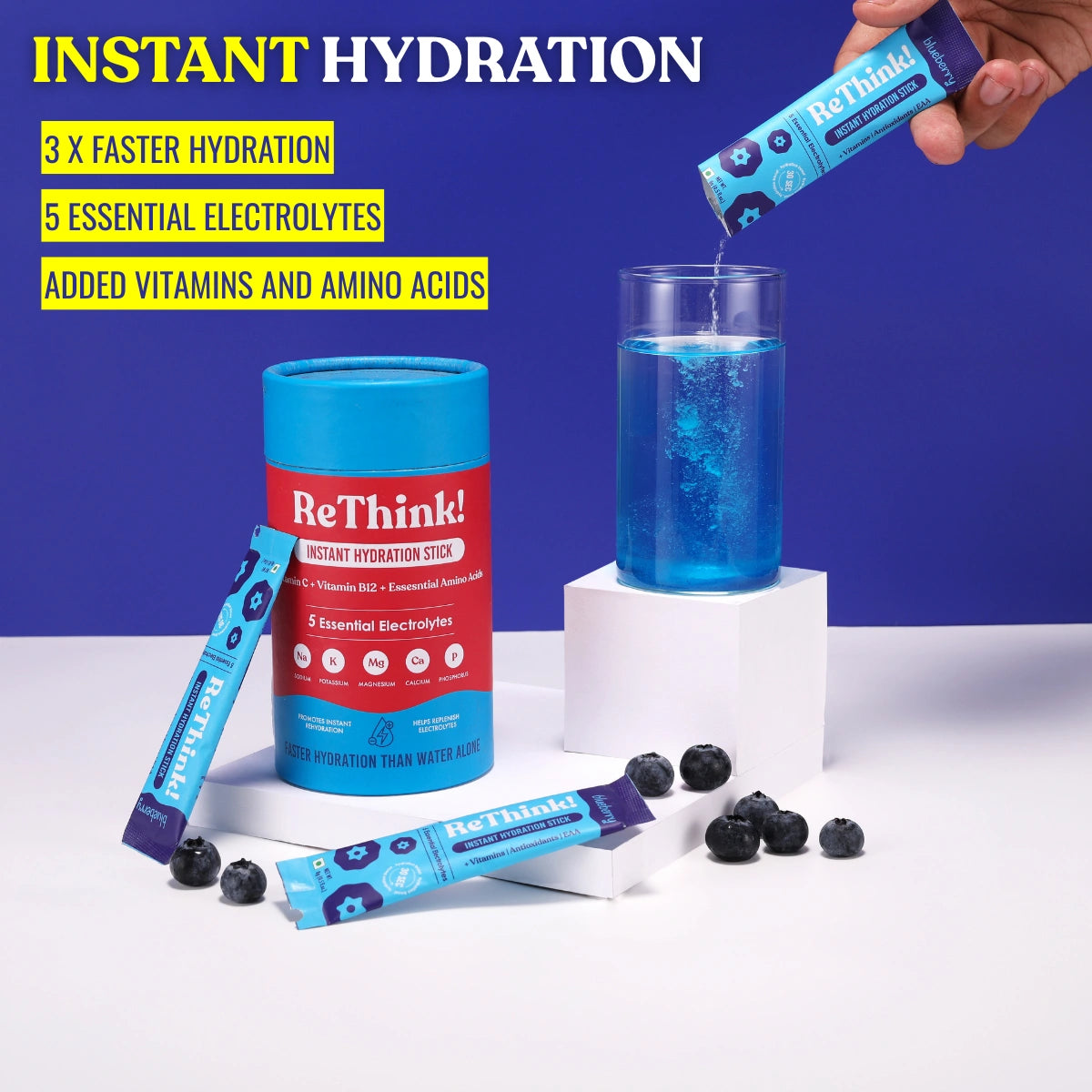 RETHINK Blueberry Instant Hydration Stick – Low-Sugar Energy Drink Powder with Electrolytes & Vitamins for Daily Immunity, Gym & Travel (18 Sachets) - Bablouie and Co