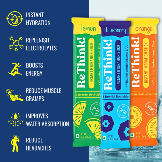 RETHINK Instant Hydration Stick Combo Pack – Low-Sugar Energy Drink Powder with 5 Essential Electrolytes & Added Vitamins for Daily Immunity, Gym, Workout & Travel (Pack of 18 Sachets, 3 Flavours) - Bablouie and Co