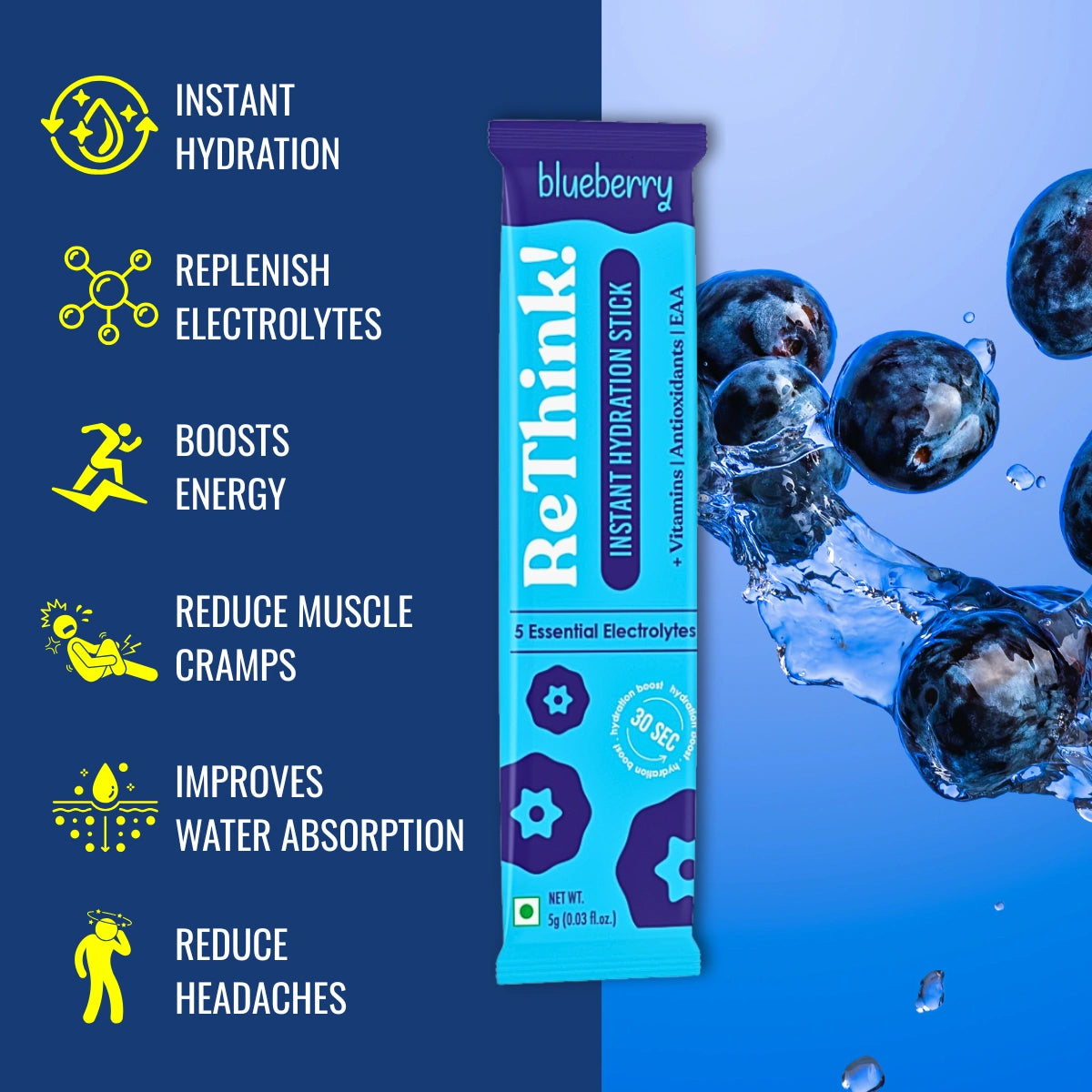 RETHINK Blueberry Instant Hydration Stick – Low-Sugar Energy Drink Powder with Electrolytes & Vitamins for Daily Immunity, Gym & Travel (18 Sachets) - Bablouie and Co