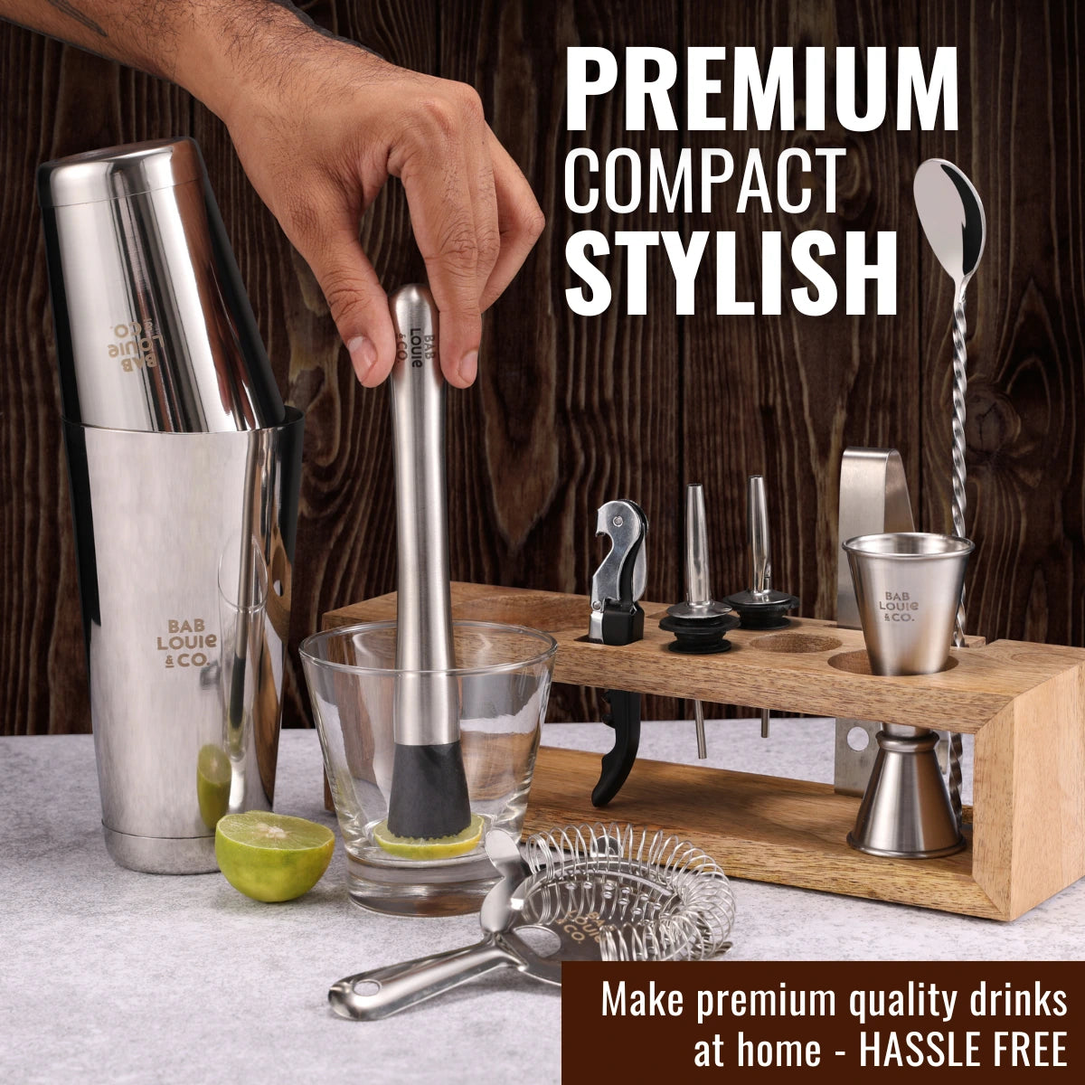 Ultimate 10-Piece Stainless Steel Bar Tool Set with Wooden Stand – Home Bartending Essentials & Bar Accessories for Mixology