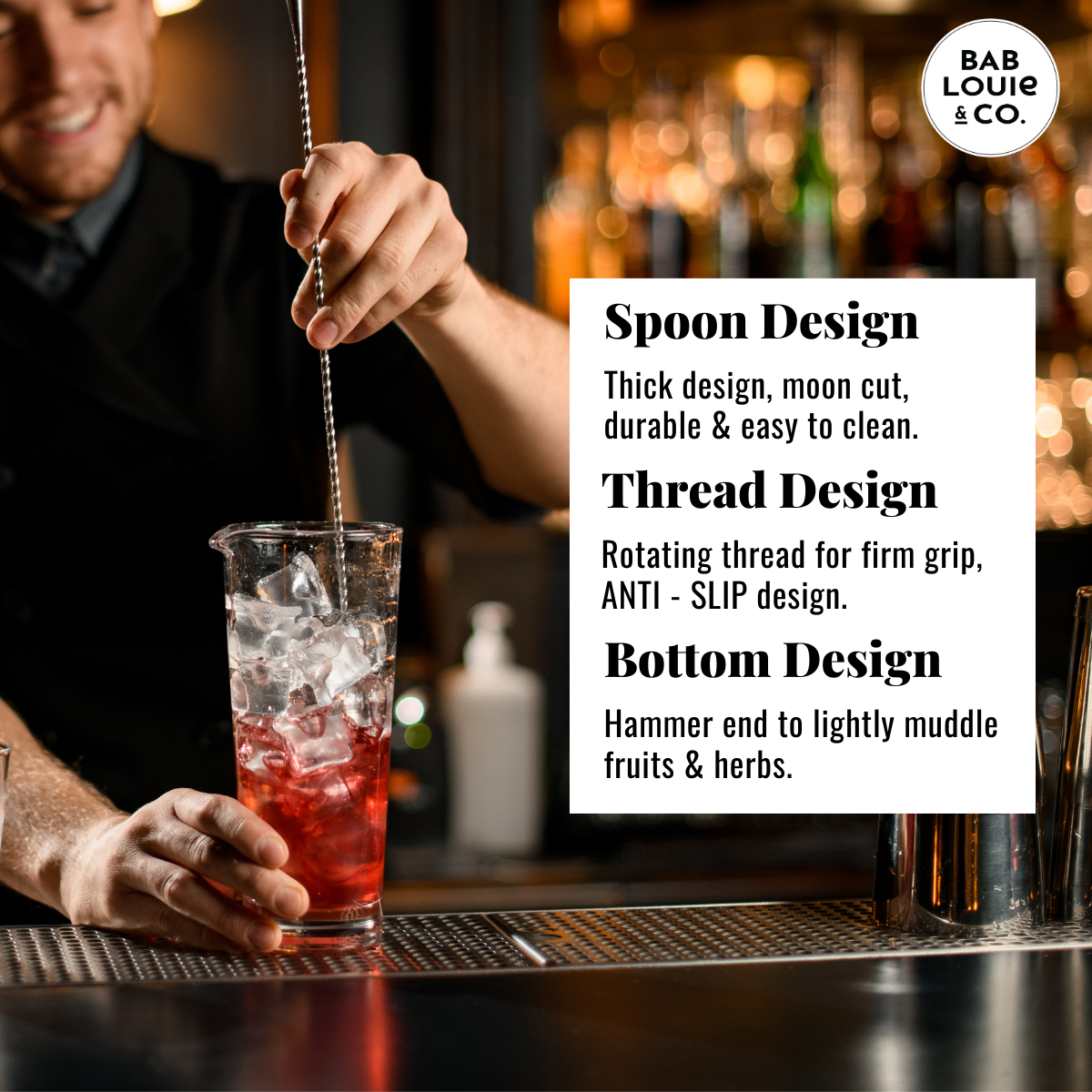 Stainless Steel Bar Spoon 11 Inches, Curvy Design with Bar Cocktail Spoon, Long Spoon - Bablouie and Co