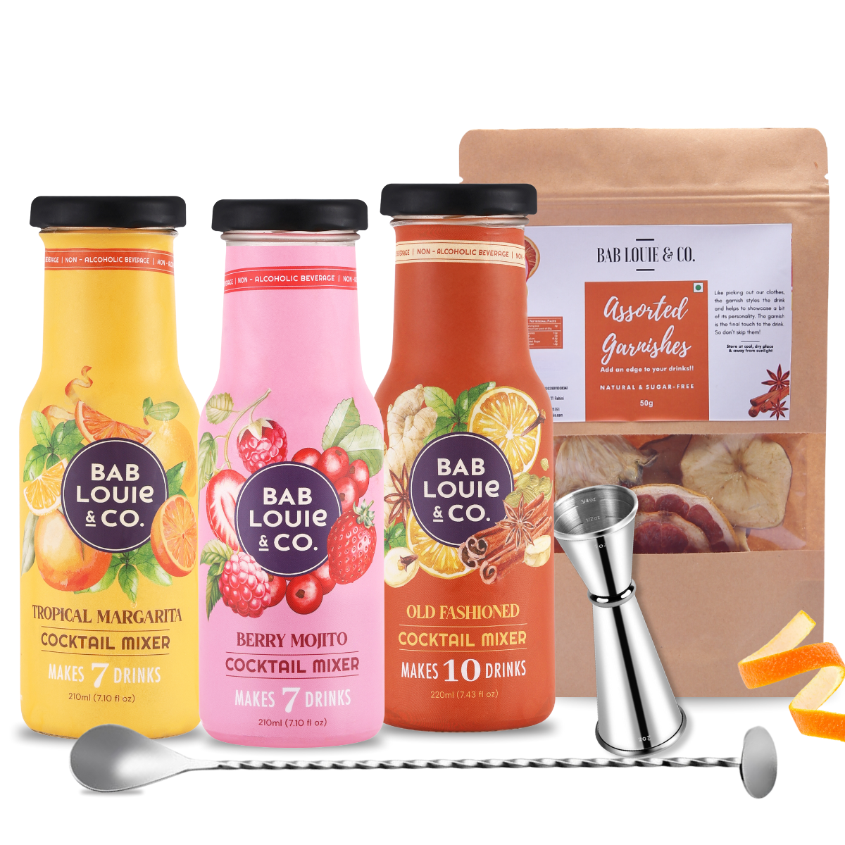 Ultimate Cocktail Party Pack (3 Mixers, Peg Measure, Bar Spoon & 50g Assorted Garnish) - Bablouie and Co