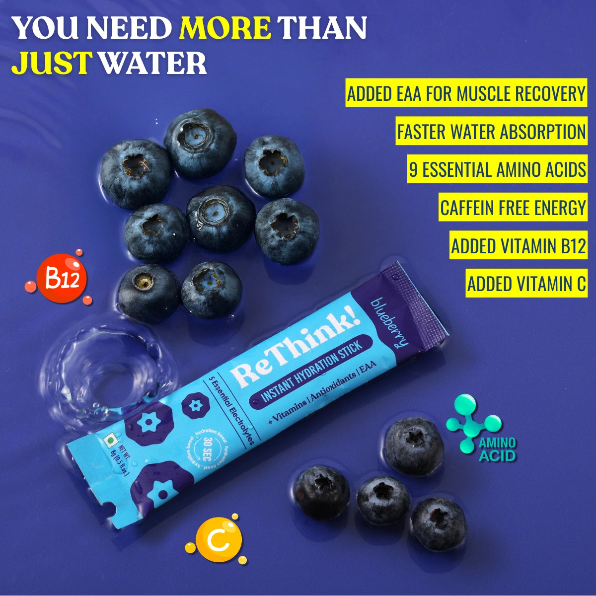 RETHINK Blueberry Instant Hydration Stick – Low-Sugar Energy Drink Powder with Electrolytes & Vitamins for Daily Immunity, Gym & Travel (18 Sachets) - Bablouie and Co