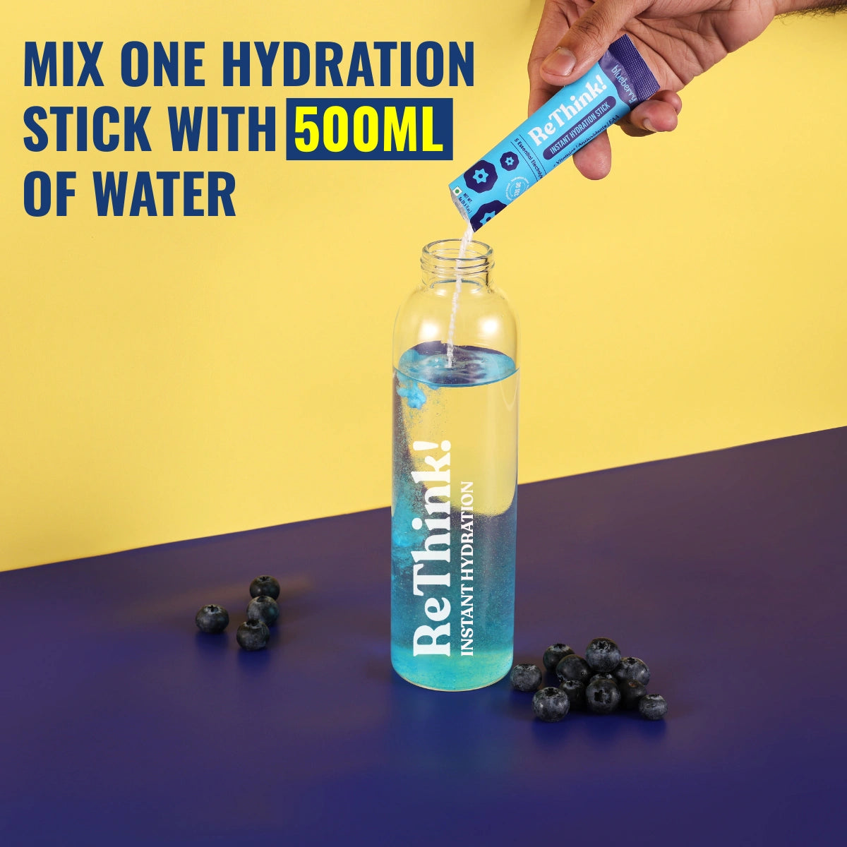 RETHINK Blueberry Instant Hydration Stick – Low-Sugar Energy Drink Powder with Electrolytes & Vitamins for Daily Immunity, Gym & Travel (18 Sachets) - Bablouie and Co