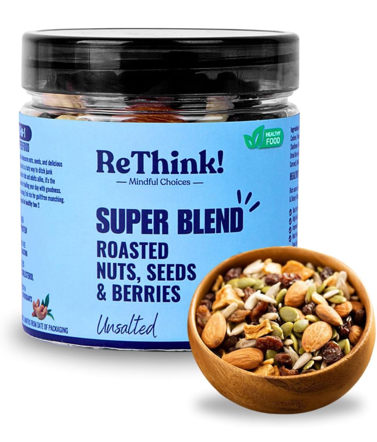 ReThink Premium Trail Mix 200g | 10 Superfoods in 1 Mix | Superblend of Healthy Nuts, Seeds, Berries | California Almonds, Cashews, Black Raisins, American Cranberries, Pumpkin Seeds, Sunflower Seeds - Bablouie and Co