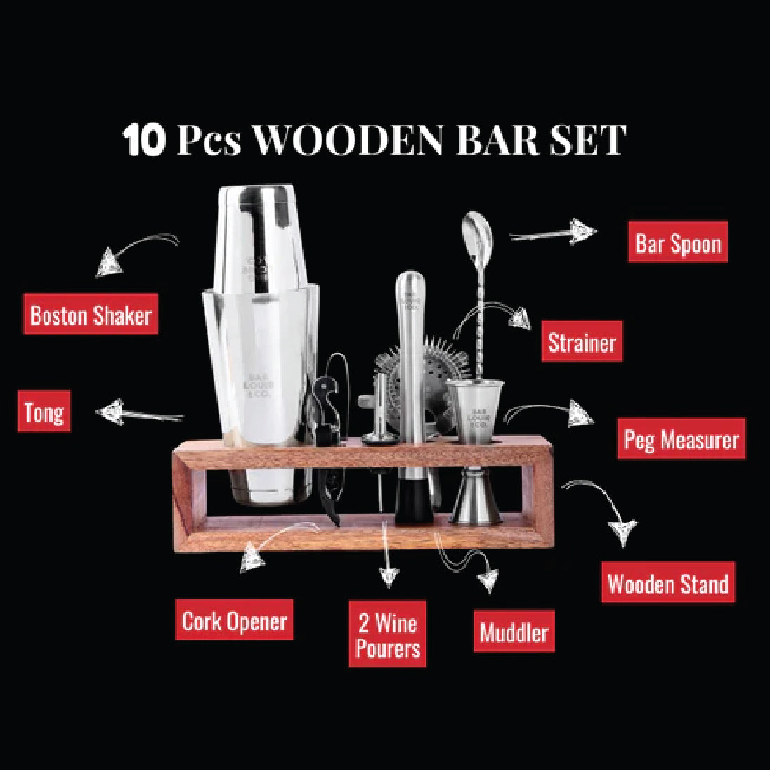 Ultimate 10-Piece Stainless Steel Bar Tool Set with Wooden Stand – Home Bartending Essentials & Bar Accessories for Mixology