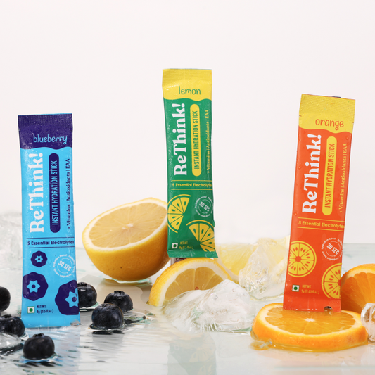 RETHINK Instant Hydration Stick Combo Pack – Low-Sugar Energy Drink Powder with 5 Essential Electrolytes & Added Vitamins for Daily Immunity, Gym, Workout & Travel (Pack of 18 Sachets, 3 Flavours) - Bablouie and Co