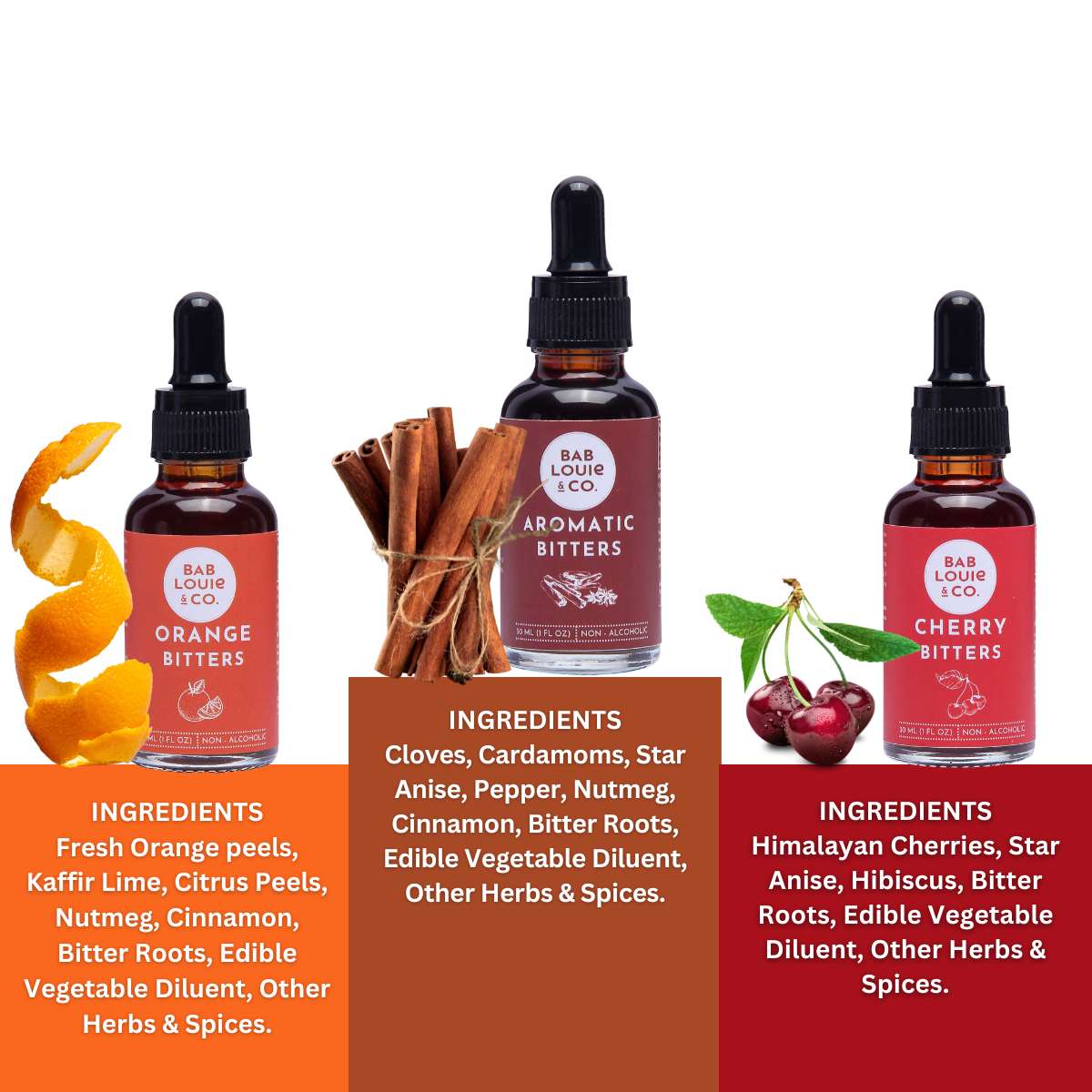 Bablouie Bitters Sampler Pack, 30ml Pack of 3 - Orange, Aromatic, Cherry