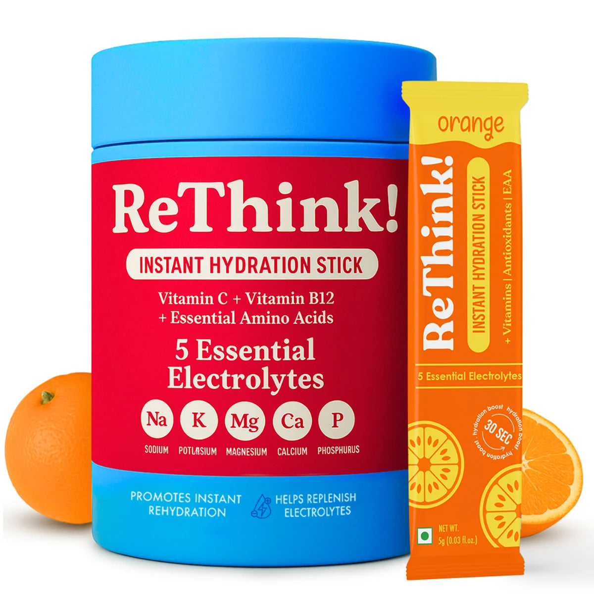RETHINK Orange Instant Hydration Stick – Zero-Sugar Energy Drink Powder with Electrolytes & Vitamins for Immunity, Gym & Travel (18 Sachets) - Bablouie and Co