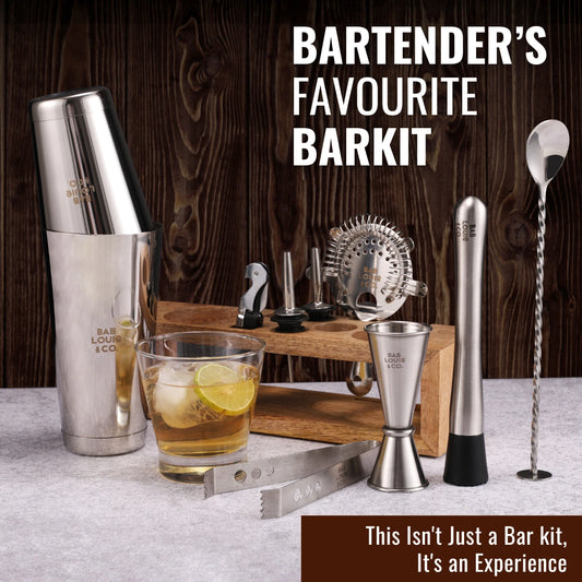 Ultimate 10-Piece Stainless Steel Bar Tool Set with Wooden Stand – Home Bartending Essentials & Bar Accessories for Mixology
