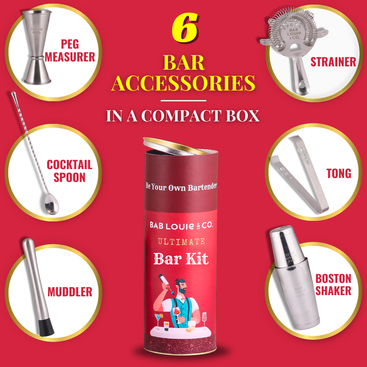 Ultimate 6-in-1 Bar Kit – Stainless Steel Bar Tool Set for Home Bartending, Party Gifting, Birthday Celebrations & Bar Counter Décor - Bablouie and Co