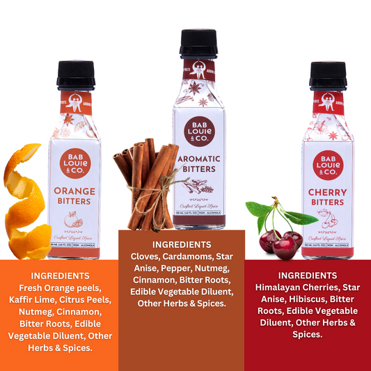 Crafted Bitters Combo Pack of 3 | Aromatic Bitters , Orange Bitters & Cherry Bitters | 120ml each | The Tipsy Threesome - Bablouie and Co