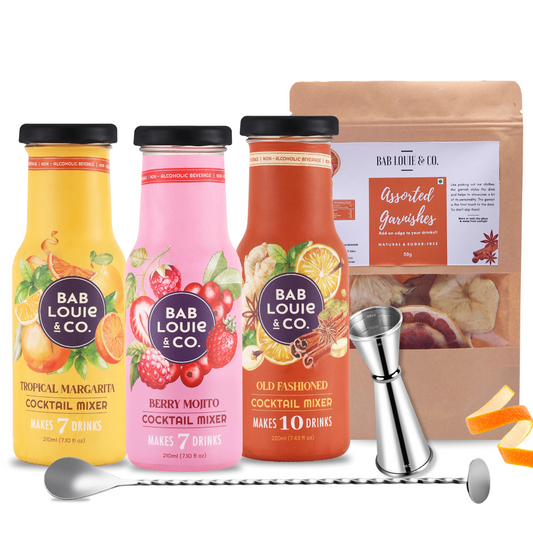 Ultimate Cocktail Party Pack (3 Mixers, Peg Measure, Bar Spoon & 50g Assorted Garnish)