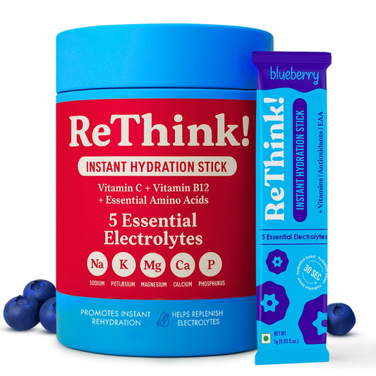 RETHINK Blueberry Instant Hydration Stick – Low-Sugar Energy Drink Powder with Electrolytes & Vitamins for Daily Immunity, Gym & Travel (18 Sachets) - Bablouie and Co