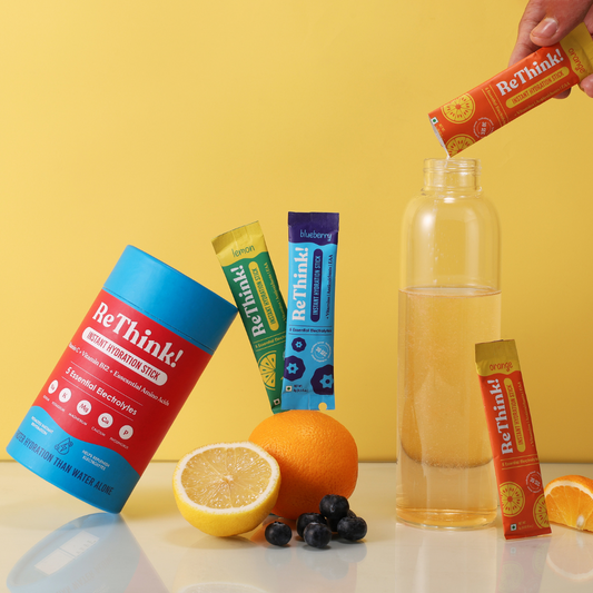 ReThink Electrolytes Powder – Mixed Flavours (Orange, Lemon, Blueberry), 18 Sachets, 5 Electrolytes, EAAs, Vitamins C & B12, Hydration & Recovery, Gym, Workout, Travel