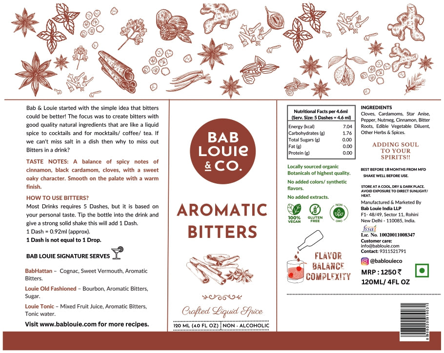 Aromatic Spiced Bitters, 120 ml / 4 oz Bottle - Bablouie and Co
